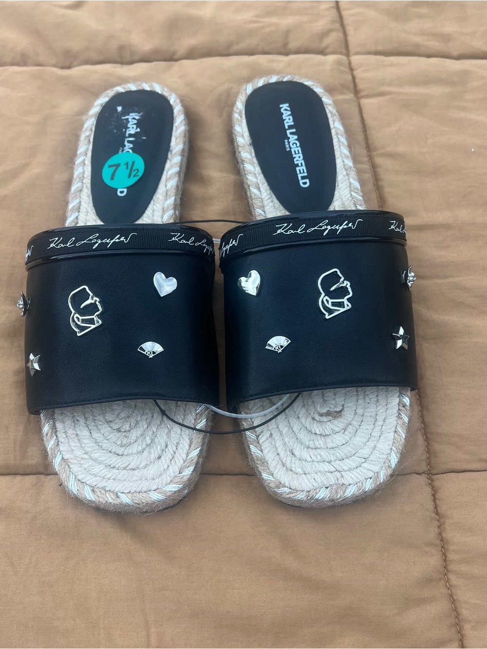 Karl Lagerfeld Paris Black Slip On Espadrille Slides with Silver Stud Accents